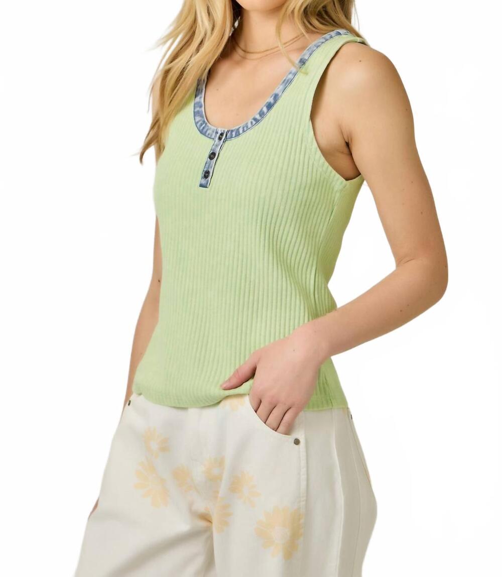 NEW MYSTREE henley denim trim tank top in pistacho